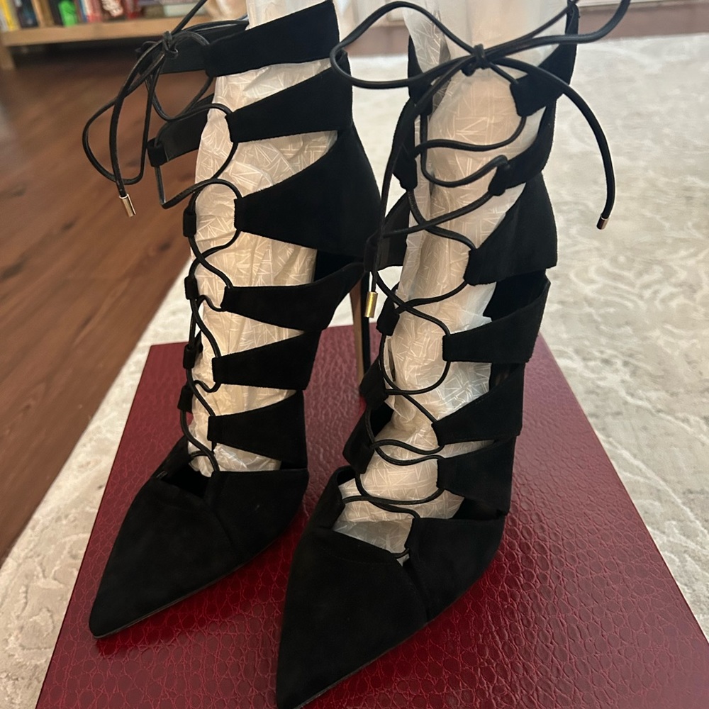 Tamara Mellon black suede lace up heels